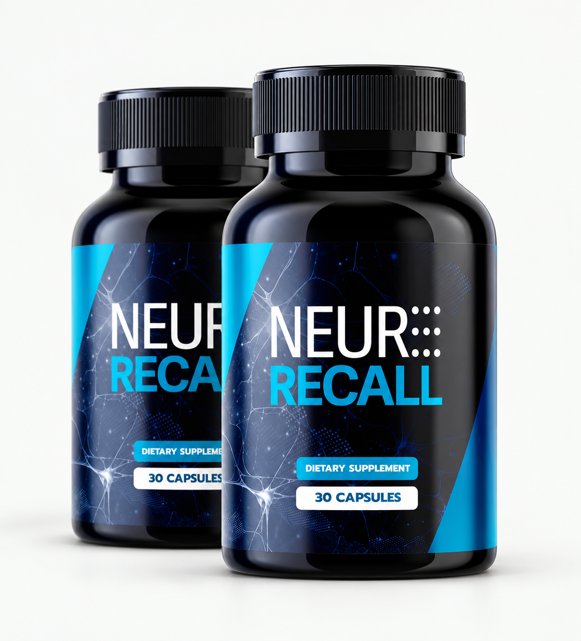 Dois frascos pretos de NeurRecall com rótulo azul: dietary supplement, 30 cápsulas